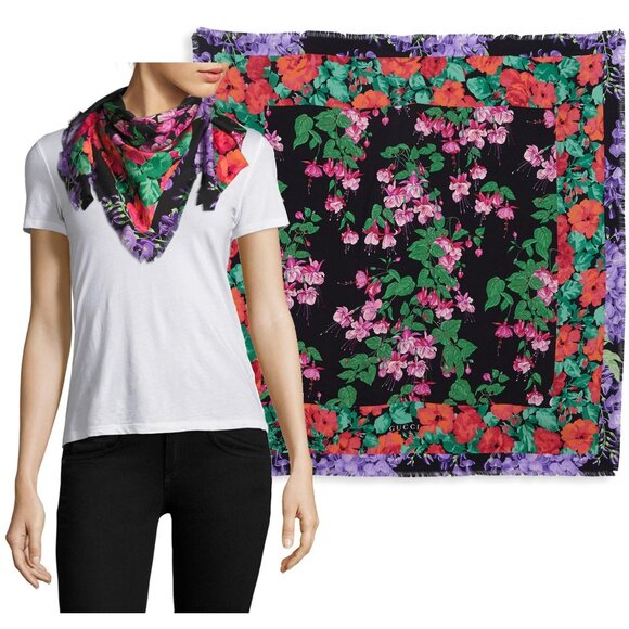 GUCCI SCARF LENIS FLORAL BLACK MULTICOLOR PRINT w LOGO TWILL SILK SQUARE 35" - Picture 1 of 13